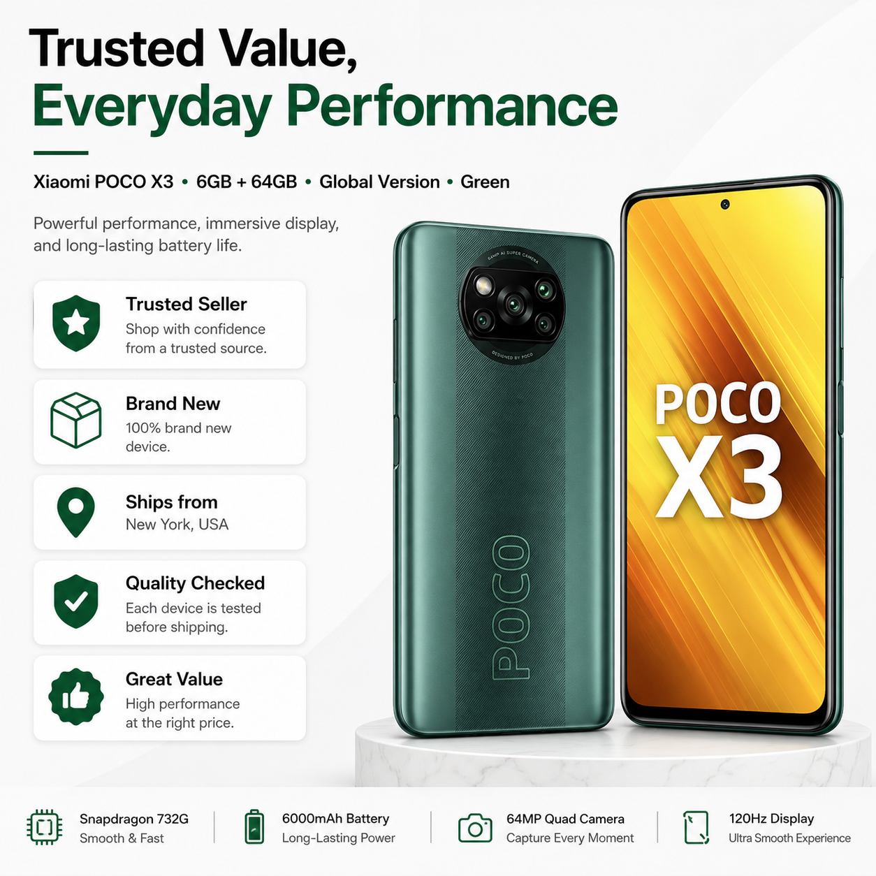Xiaomi POCO X3 NFC smartphone in green, front and back with triple camera array.