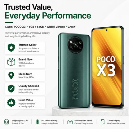 Xiaomi POCO X3 NFC smartphone in green, front and back with triple camera array.