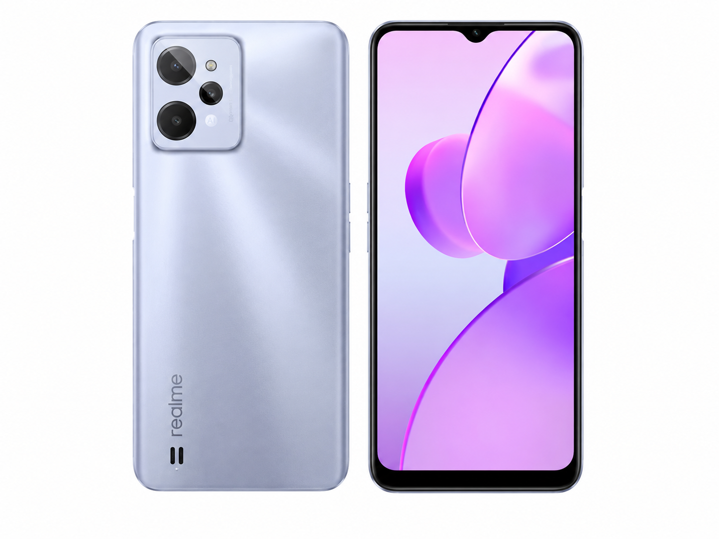 Light silver realme C31 4G smartphone with dual rear cameras and front display.