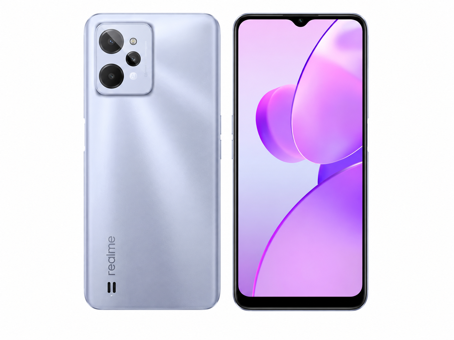 Light silver realme C31 4G smartphone with dual rear cameras and front display.