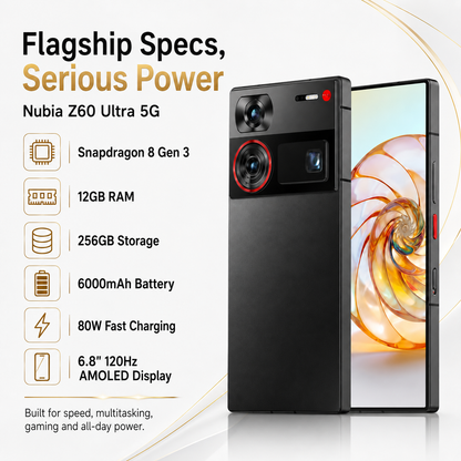 Nubia Z60 Ultra 5G  Black smartphone featuring dual rear cameras and a large front display in a split view.