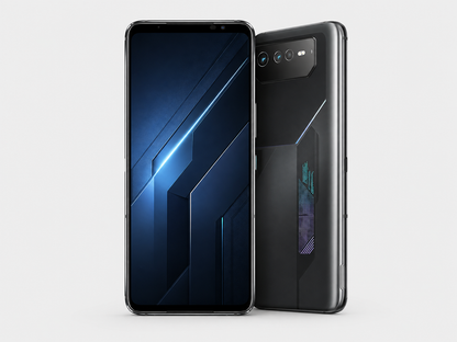 Black ASUS ROG Phone 6 smartphone shown front and back side-by-side.