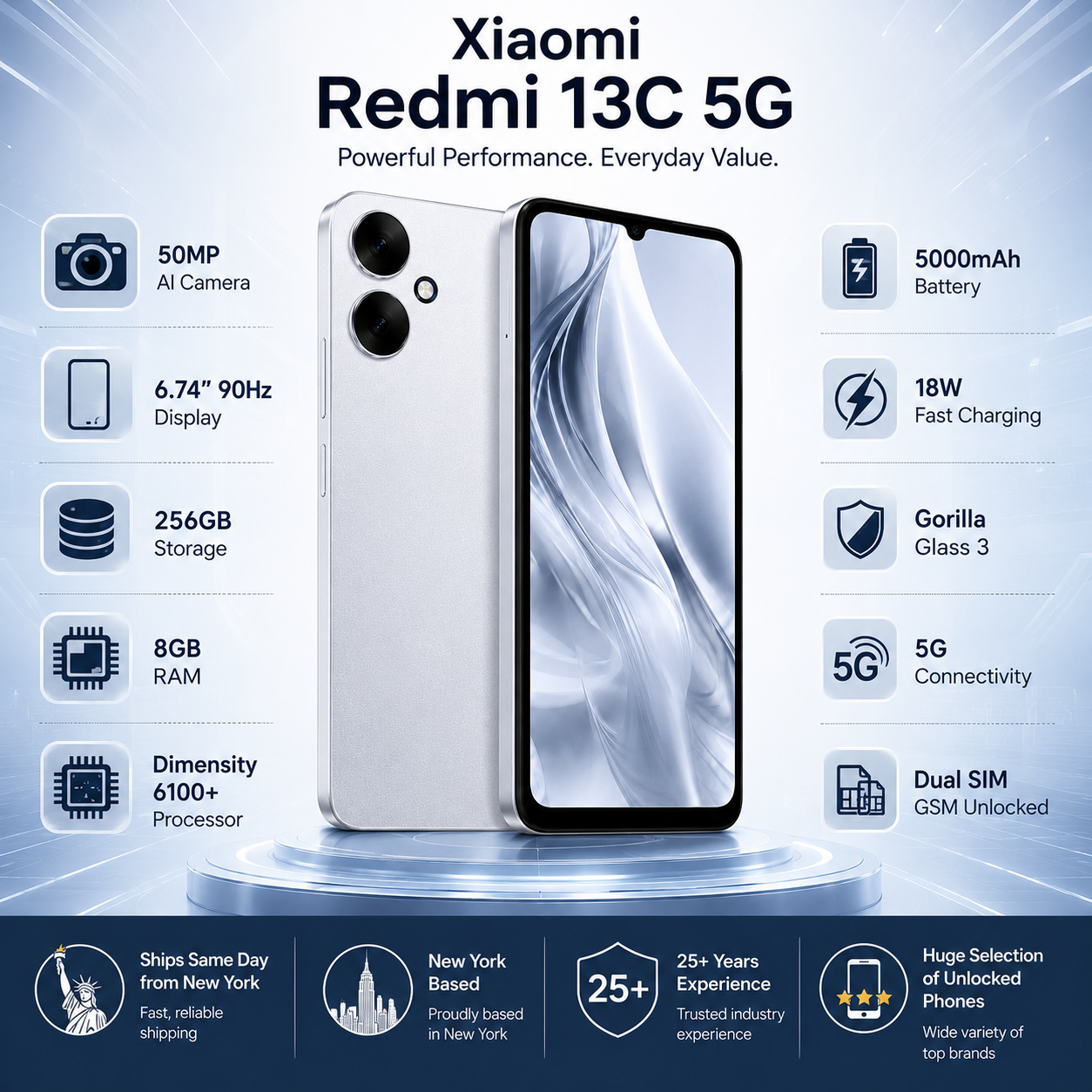 Xiaomi Redmi 13C 5G 256GB ROM 8GB RAM Dual SIM GSM Unlocked - Silver