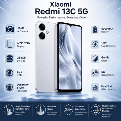 Xiaomi Redmi 13C 5G 256GB ROM 8GB RAM Dual SIM GSM Unlocked - Silver