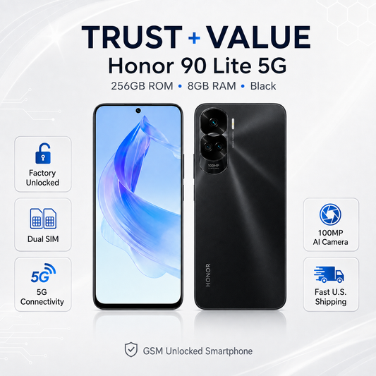 Black Honor 90 Lite 5G smartphone, front display and back with dual camera