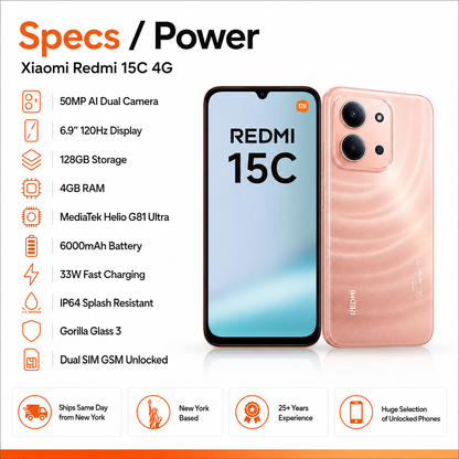 XIAOMI Redmi 15C 4G 128GB ROM 4GB RAM Dual SIM GSM Unlocked - Orange