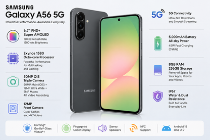 Graphite Samsung Galaxy A56 5G smartphone with green gradient display and dual rear cameras