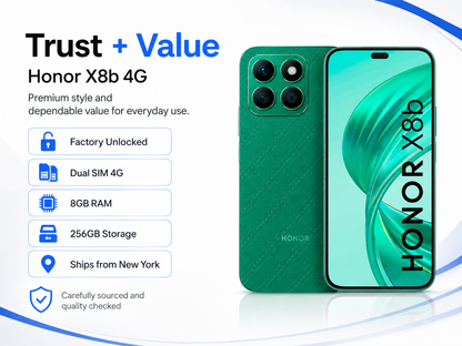 Green smartphone back and front with vertical HONOR text on the screen