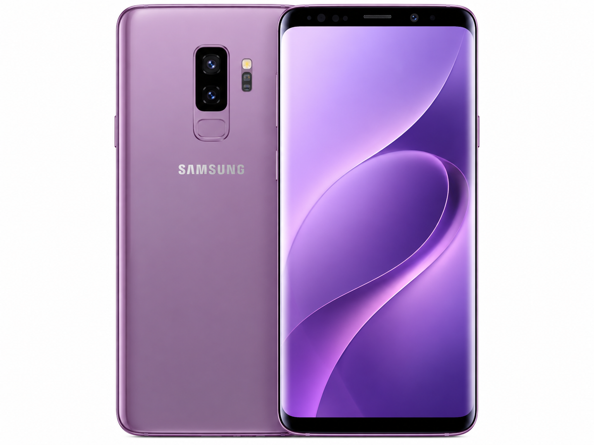 Samsung Galaxy S9+ smartphone in lilac purple, front and back view