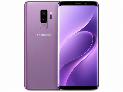 Samsung Galaxy S9+ smartphone in lilac purple, front and back view
