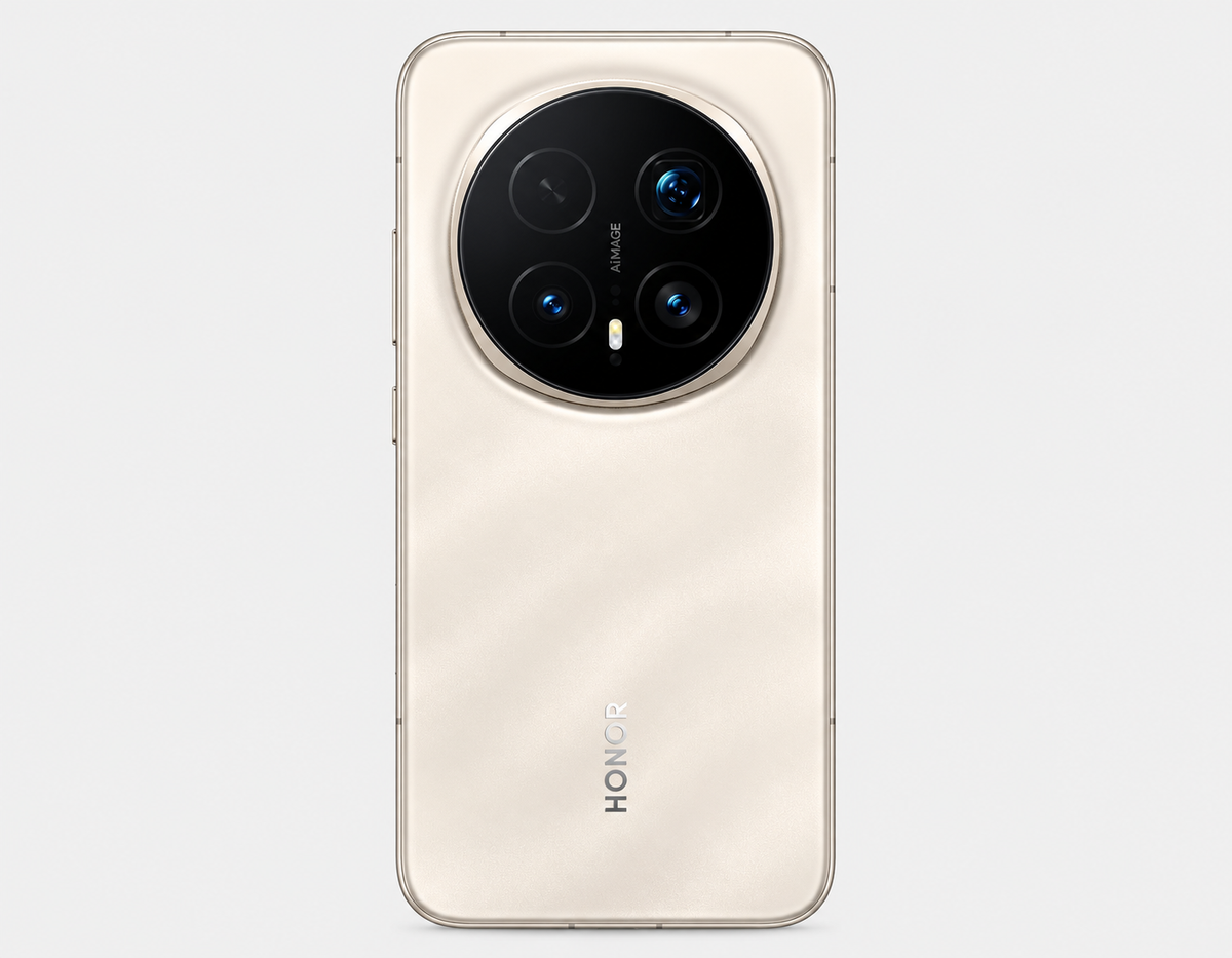 Honor Magic8 Pro smartphone back view, sunrise gold with triple camera module