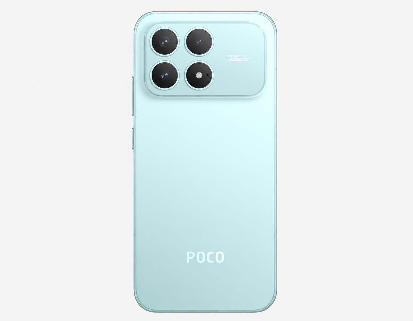 Blue Poco F8 Pro smartphone back with quad camera and Poco logo