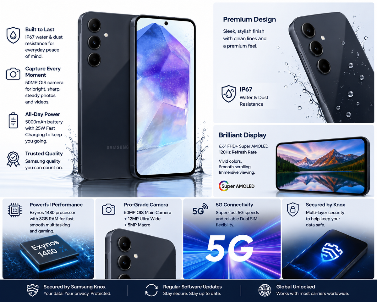 Awesome Navy Samsung Galaxy A55 5G showing rear triple cameras and front screen, water droplet graphic
