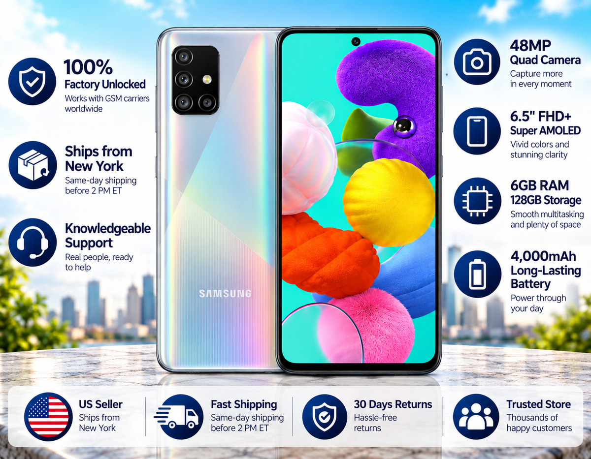Samsung Galaxy A51 prism silver smartphone with front display and rear camera view, side by side