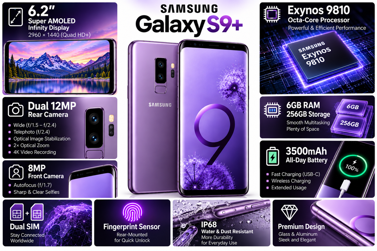 Samsung Galaxy S9+ smartphone in lilac purple with dual-camera back and display