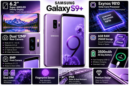 Samsung Galaxy S9+ smartphone in lilac purple with dual-camera back and display