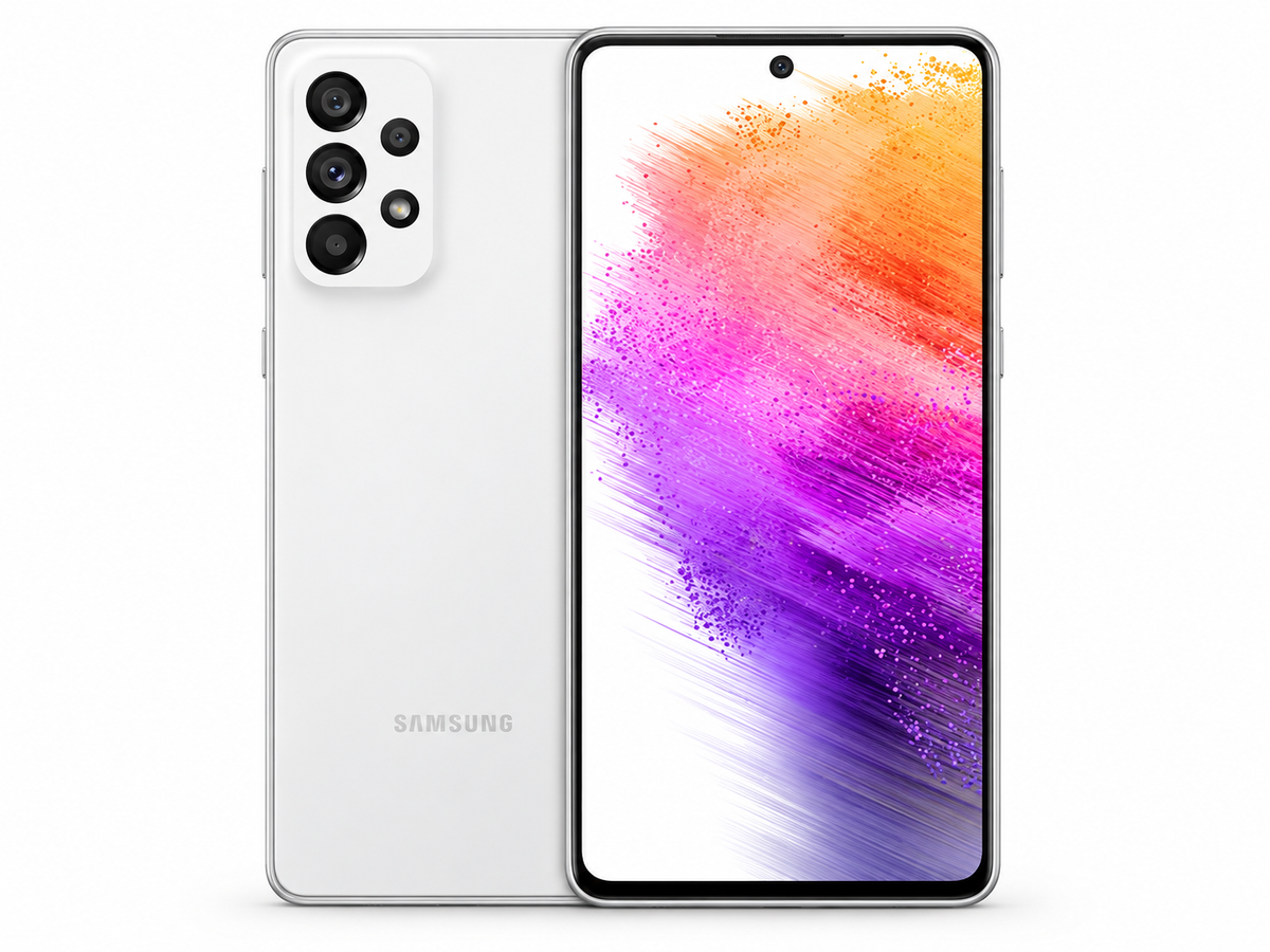 Samsung Galaxy A73 5G White Samsung smartphone with triple rear cameras, front display turned on