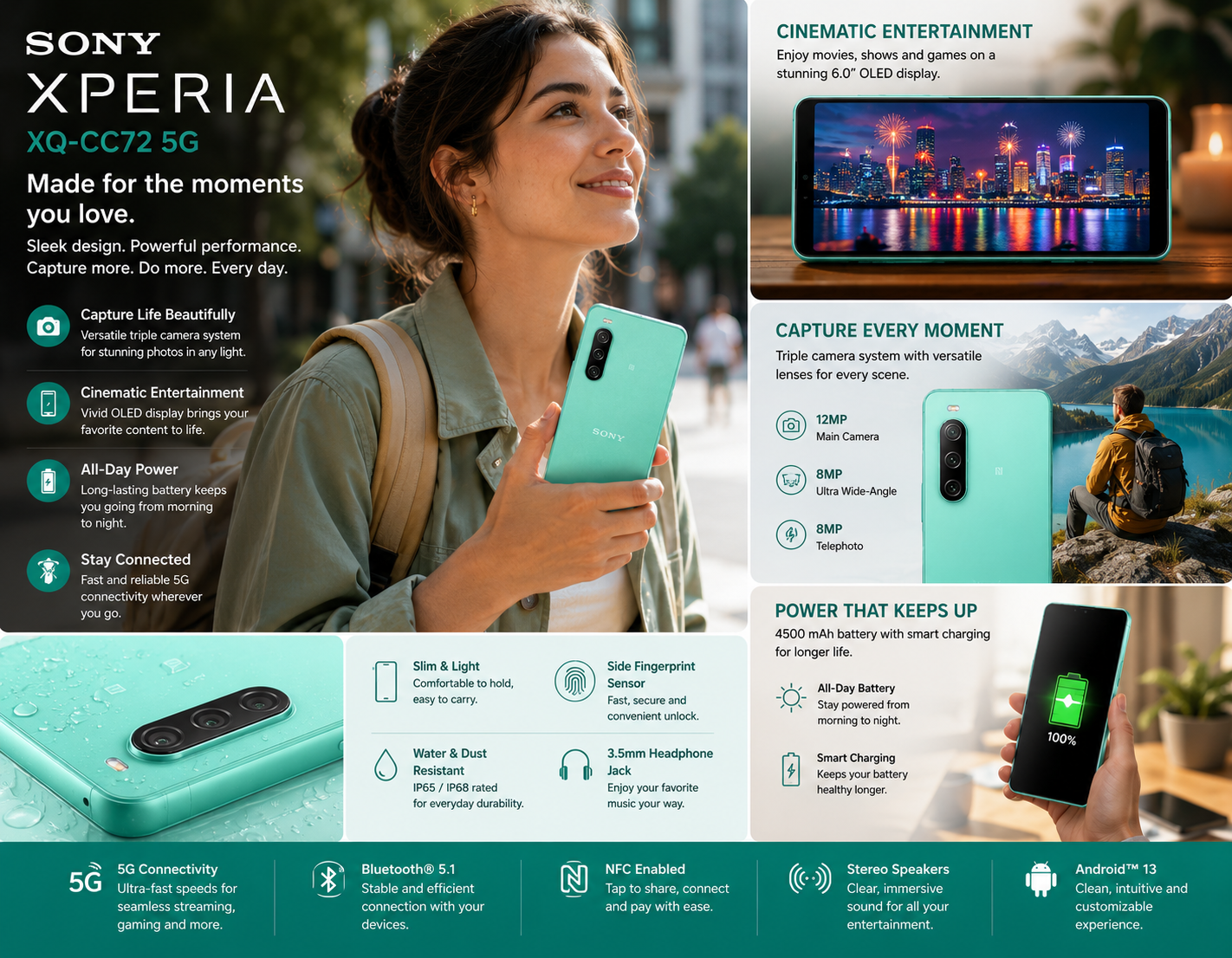 Sony Xperia 10 IV XQ-CC72 5G Dual SIM 128GB 6GB RAM GSM Unlocked – Mint