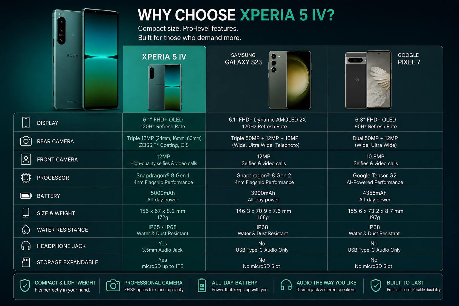 Green Sony Xperia 5 IV smartphone lineup comparison frame with phones in view