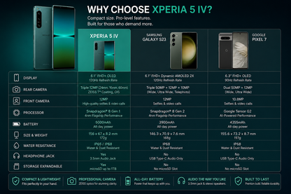 Green Sony Xperia 5 IV smartphone lineup comparison frame with phones in view
