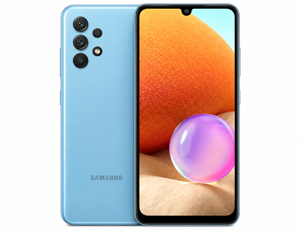 Blue Samsung Galaxy A32 5G smartphone with rear triple-camera and front display