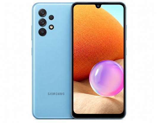 Blue Samsung Galaxy A32 5G smartphone with rear triple-camera and front display
