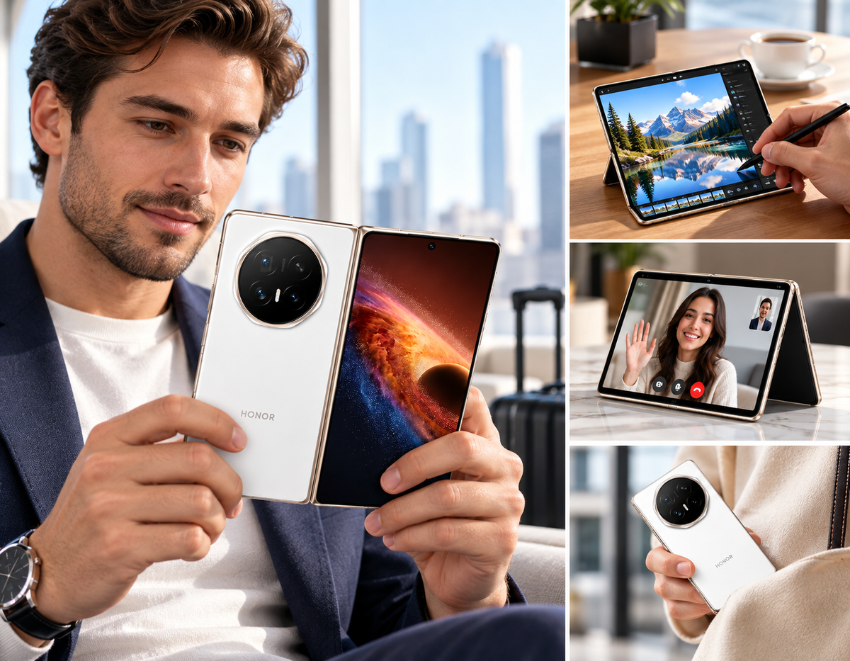 Honor Magic V6 5G White foldable smartphone with circular quad-camera and colorful front display.