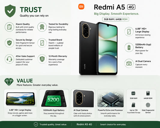 Xiaomi Redmi A5 trust and value graphic with multiple phone views