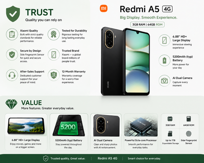 Xiaomi Redmi A5 4G 64GB ROM 3GB RAM Dual SIM GSM Unlocked - Black