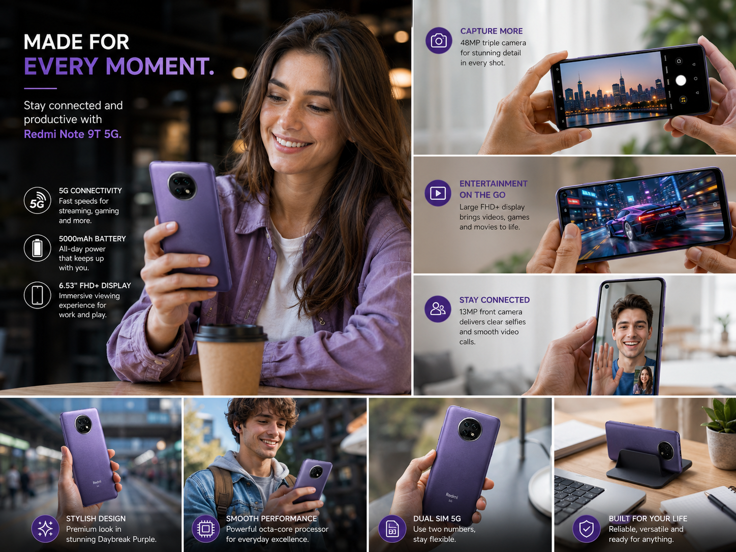 Xiaomi Redmi Note 9T Daybreak purple Xiaomi Redmi Note 9T 5G smartphone held in hand.