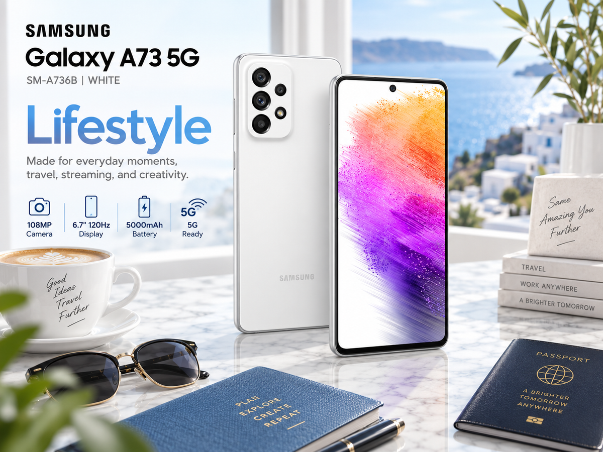 Samsung Galaxy A73 5G White Samsung smartphone showing back and side edge, front screen lit