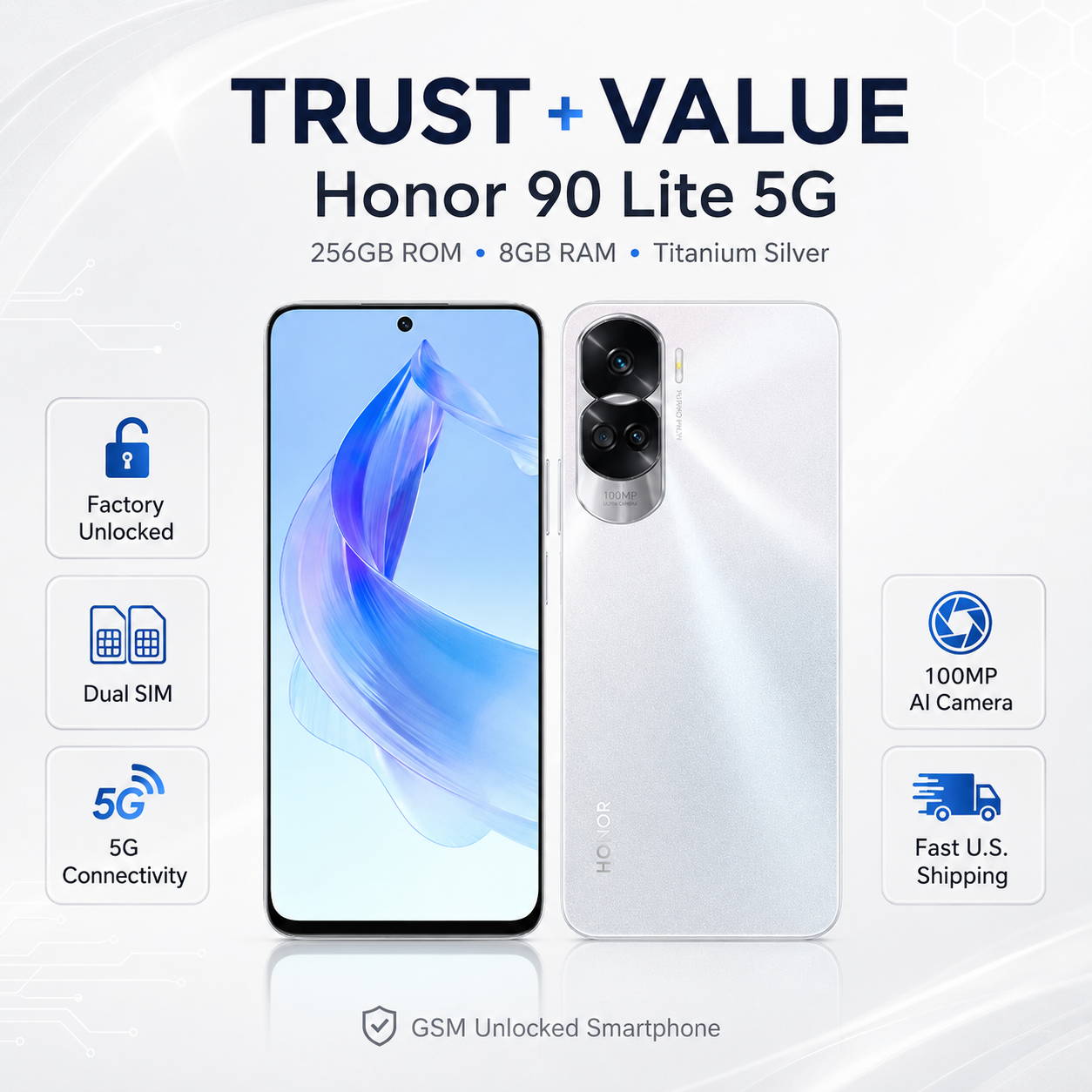 Unlocked Honor 90 Lite 5G smartphone, titanium silver, blue front screen, triple rear cameras