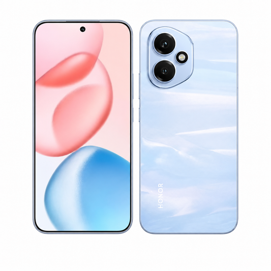 Blue smartphone with dual rear cameras and front touchscreen, front and back shown