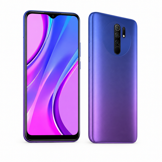 Sunset purple Xiaomi Redmi 9 smartphone showing front display and rear cameras