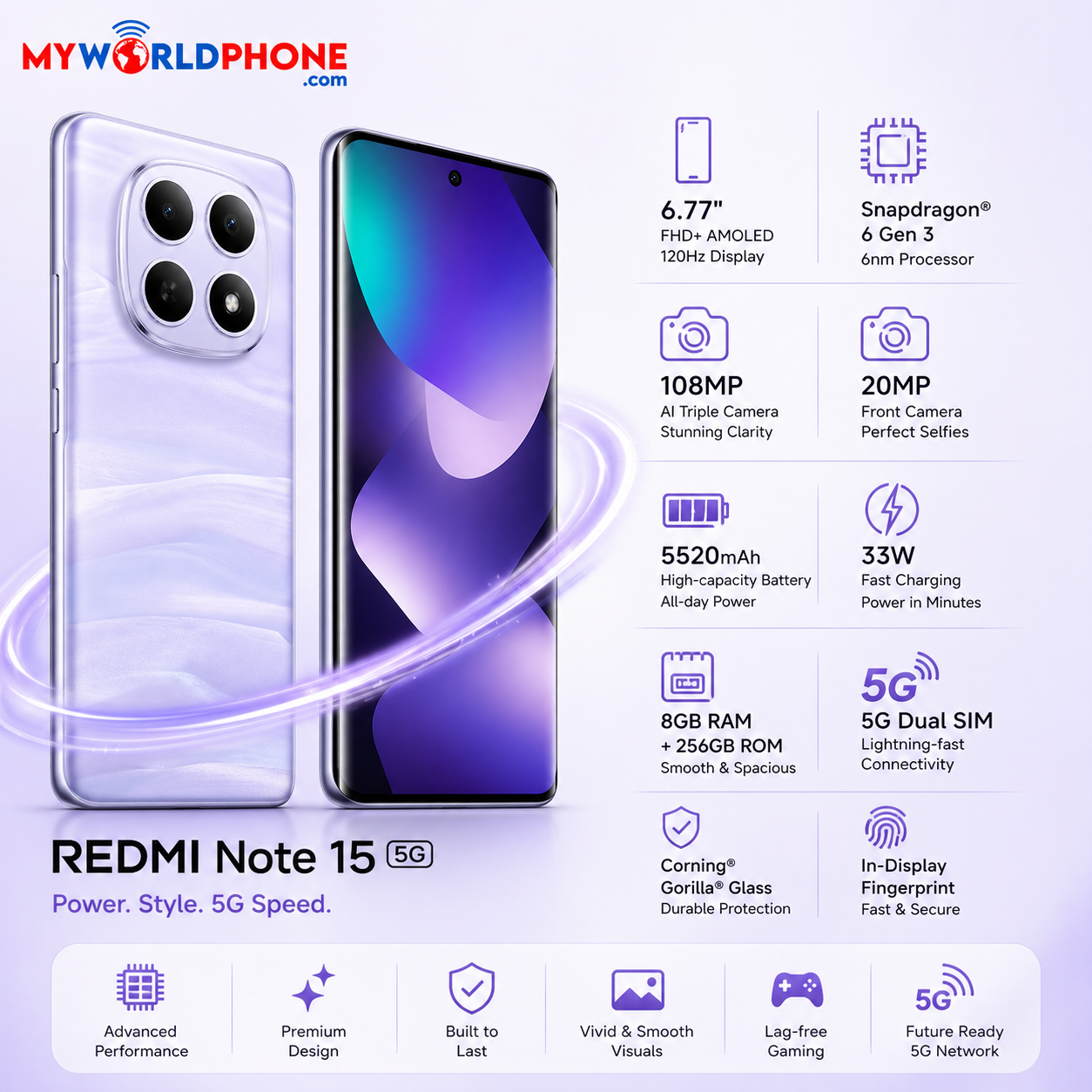 Xiaomi Redmi Note 15 5G 256GB ROM 8GB RAM Dual SIM GSM Unlocked -Purple