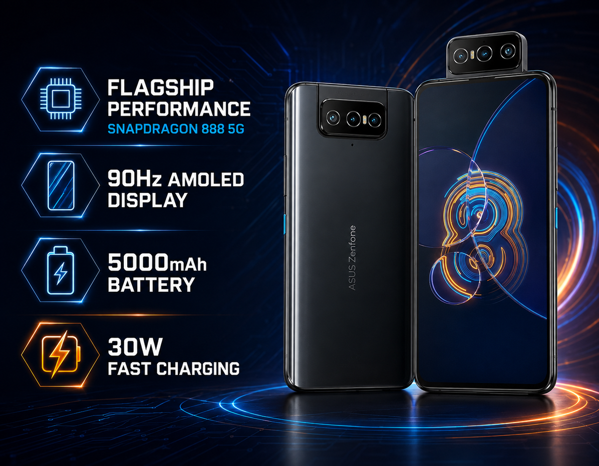 Asus Zenfone 8 Flip Black smartphone with flip camera module and front display, angled product view