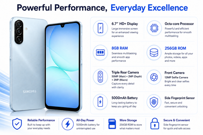 Samsung Galaxy A17 4G  Light gray smartphone front and back with blue display and triple rear cameras