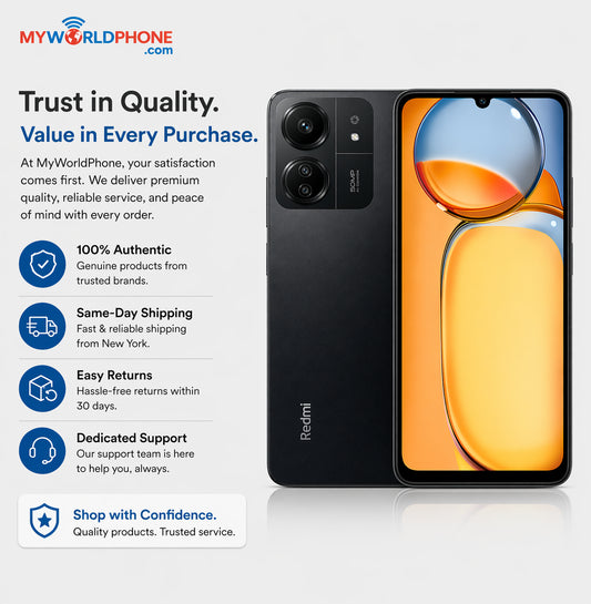 Black Xiaomi Redmi 13C smartphone, front and back with triple camera module