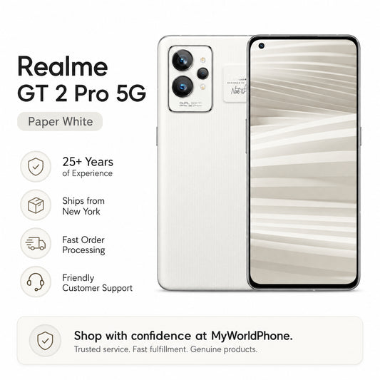 Realme GT 2 Pro 5G Paper White smartphone shown front and back with dual camera module