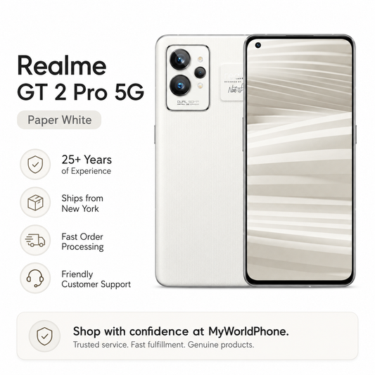 Realme GT 2 Pro 5G Paper White smartphone shown front and back with dual camera module