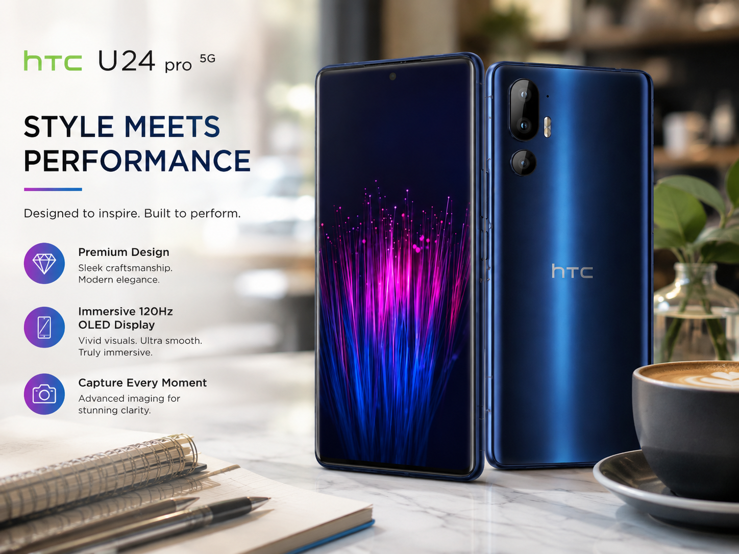HTC U24 Pro 5G Blue smartphone showing front and back views, glossy glass finish