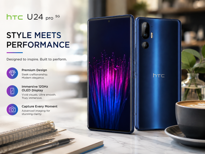 HTC U24 Pro 5G Blue smartphone showing front and back views, glossy glass finish