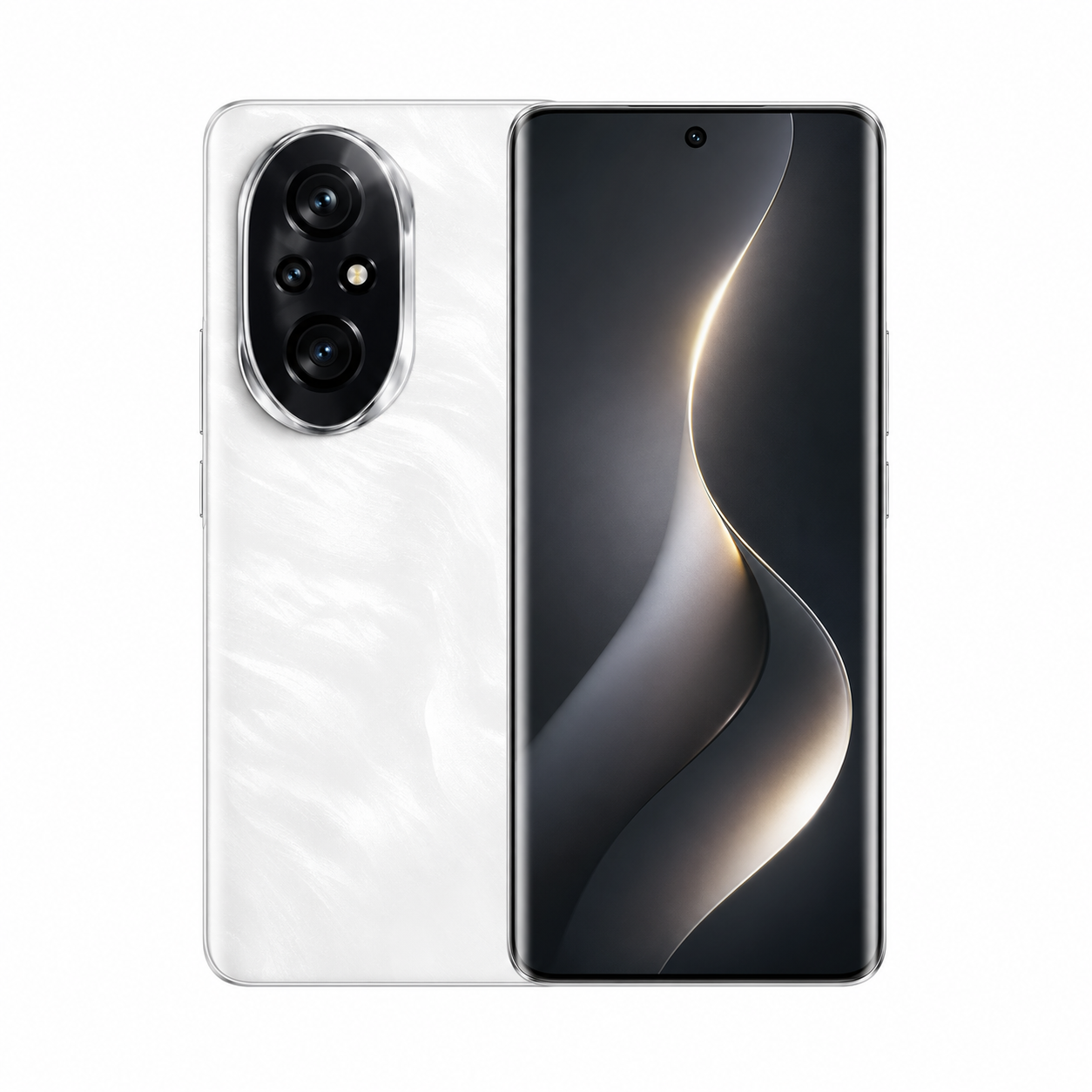 White smartphone close-up with triple rear cameras and black front screen