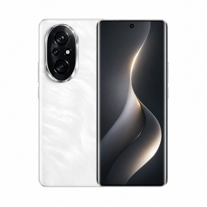 White smartphone close-up with triple rear cameras and black front screen