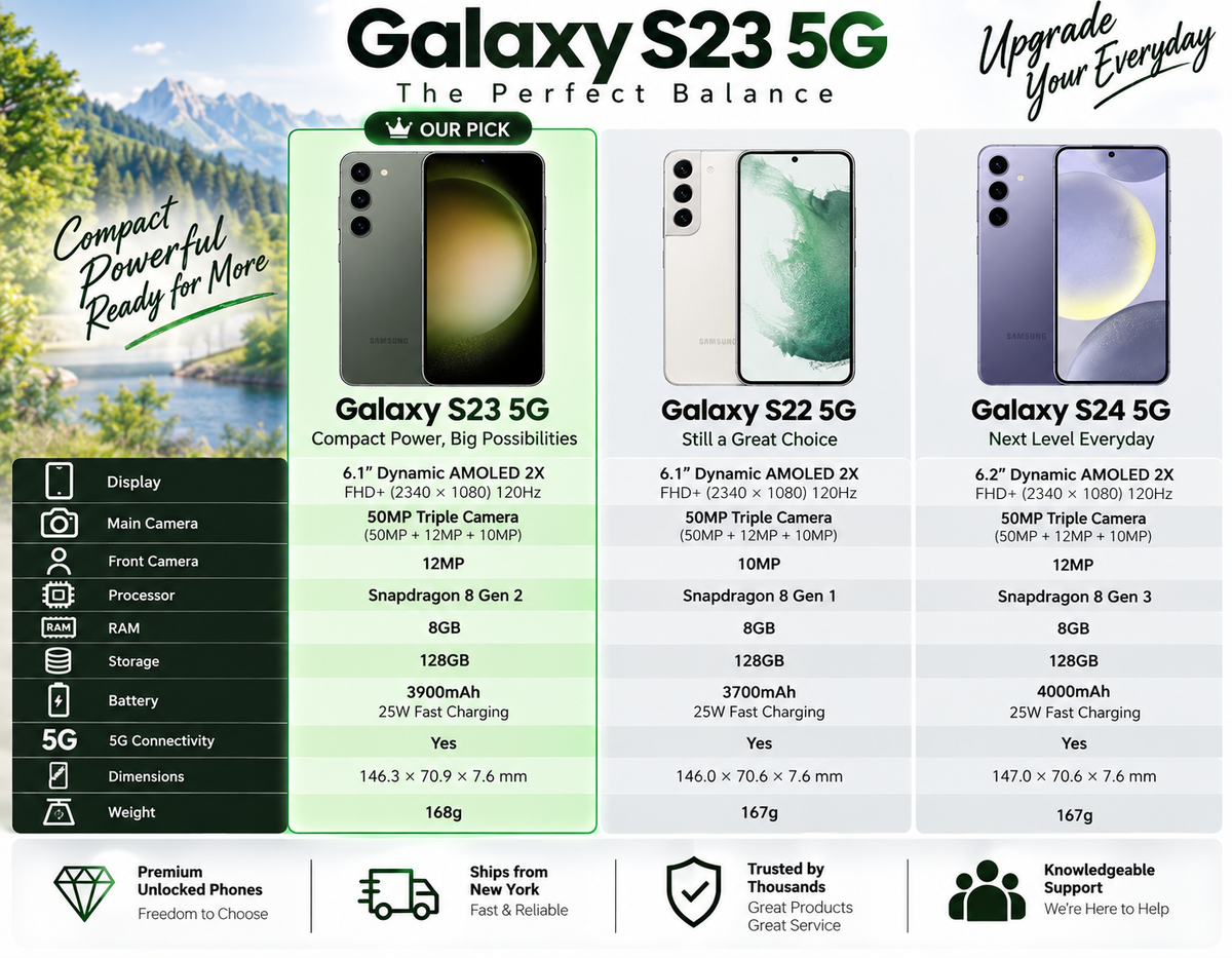 Green Samsung Galaxy S23 5G smartphone, front and back with triple rear cameras