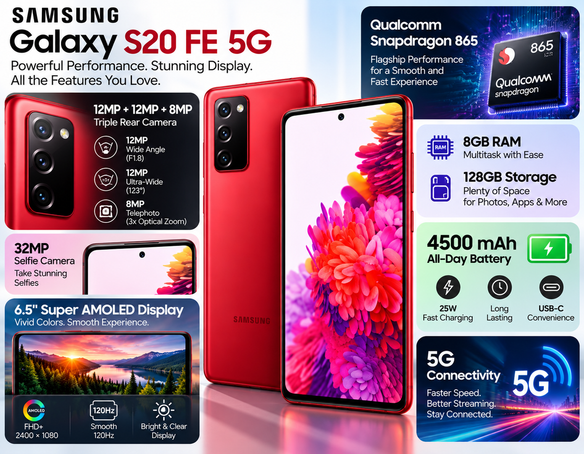 Samsung Galaxy S20 FE 5G red smartphone, front and back views displayed