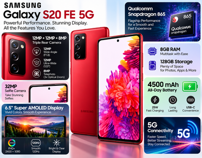 Samsung Galaxy S20 FE 5G red smartphone, front and back views displayed
