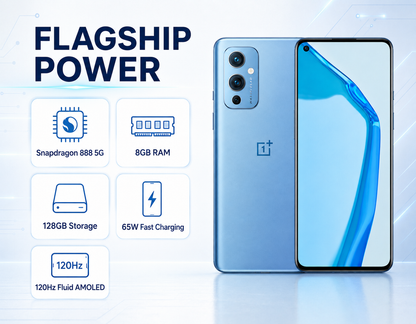 Blue OnePlus 9 5G smartphone front and back, rear camera module visible