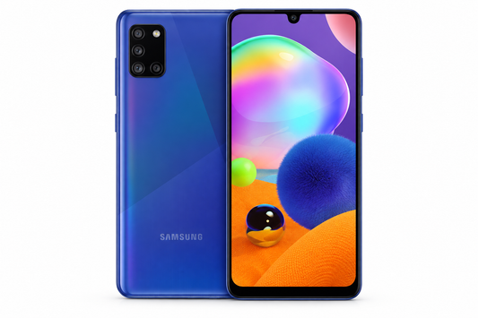 Prism Crush Blue Samsung Galaxy A31 smartphone, front and back with quad cameras.