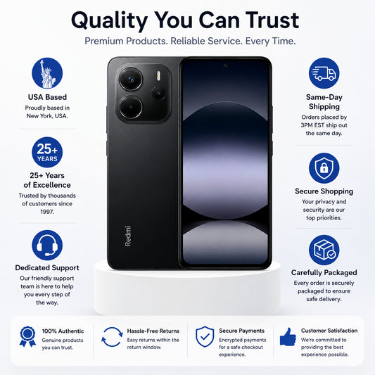 Midnight black smartphone with marketing layout and front-back product views